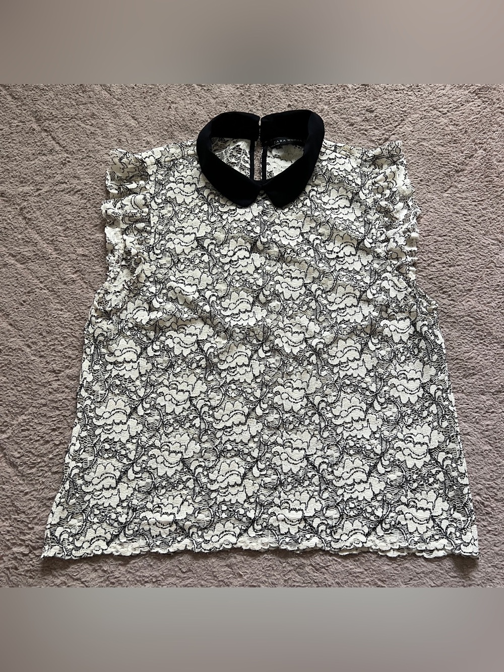 Zara Floral Lace Sleeveless Blouse Peter Pan Collar Preppy Twee Chic Office Sz M